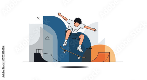 Skateboarder Performing Air Trick Over Ramp In Distinct And Modern Flat Illustration Style
