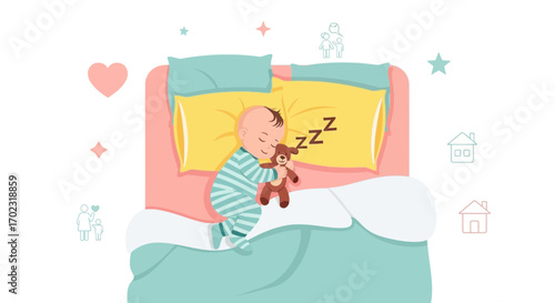 Sleeping baby in bed cuddling a teddy bear, peaceful illustration design