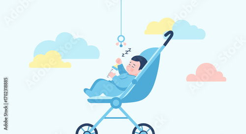 Sleeping Baby In Stroller With Clouds And A Mobile, Peaceful Illustration