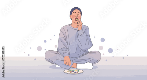 Person Meditating While Eating a Snack in a Serene And Peaceful Setting