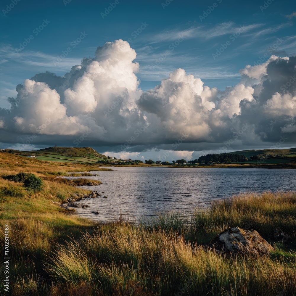 Fototapeta premium Tranquil lake nestled beneath a dramatic sky