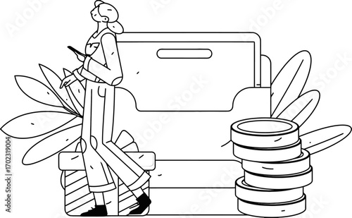 Empowered investor using mobile app to manage financial growth and wealth creation, surrounded by money and plants, symbolizing prosperity and mindful investment strategies for the future