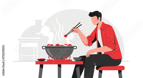 Person Preparing Delicious Food with Chopsticks and Hot Pot on a Red Table