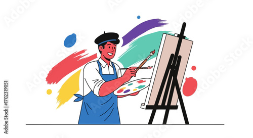 Smiling Artist Painting: Creative Artwork Conception and Artistic Illustration