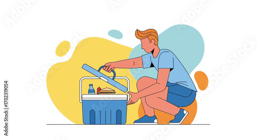 Person Prepares For Picnic Next To Cooler, In A Colorful And Abstract Illustration