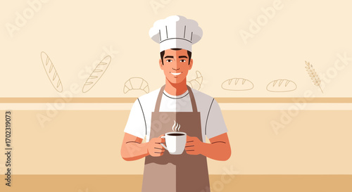 Smiling Baker Chef Holding a Coffee Cup, Bread and Bakery Icons on Background