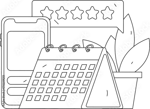 Schedule reminders with a five star rating on a modern phone and calendar, a visual metaphor for time management, productivity, and satisfaction in modern life, with plant accent