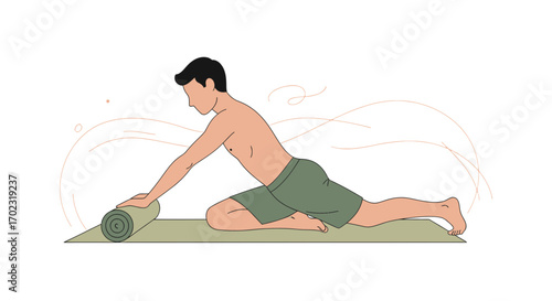 Person Rolling Yoga Mat Outdoors Preparing for Physical Activity or Exercise in the Nature