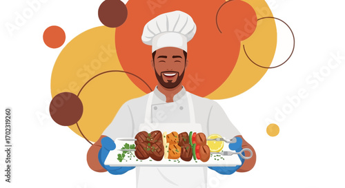 Smiling chef presenting a skewer of grilled food with colorful background