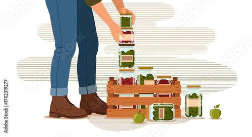 Person Stacking Pickled Jars and Wooden Crate with Fresh Vegetables