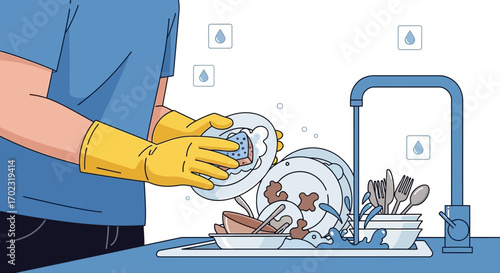 Person Washing Dishes With Rubber Gloves Cleaning Utensils Near Sink With Water