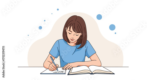 Person Writing On Paper With Book, Study Or Learn Concept With Simple Illustration