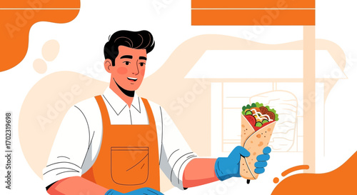Smiling Man Offers Delicious Wrap in Street Food Shop, Vector Illustration of Tasty Meal