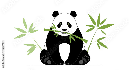 Smiling Panda Enjoying Bamboo in a Vector Style Depiction on a White Background