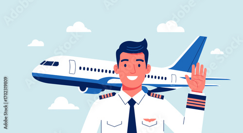 Smiling Pilot With Uniform Waves Hello Standing In Front Of A Passenger Jet