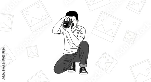 Photographer Capturing Moments: Artistic Illustration With Floating Image Frames for Stock