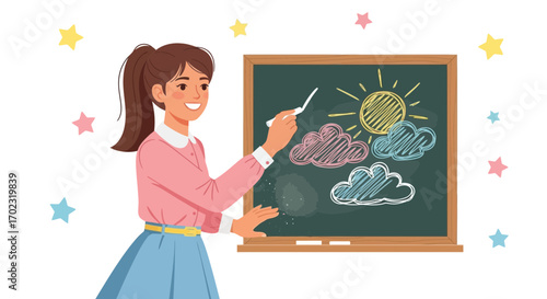 Smiling School Teacher Illustrating weather on Blackboard with Decorative Colorful Stars