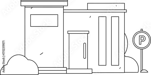 Minimalist line drawing of a modern building with parking available, ideal for urban planning, architecture, or real estate projects, conveying a sense of simplicity and accessibility