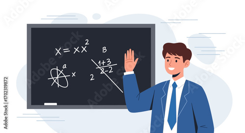 Smiling Teacher Explaining Equations on a Blackboard with His Hand Raised