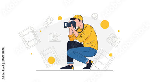 Photographer Capturing Moments With Stylish Equipment and Illustration Elements