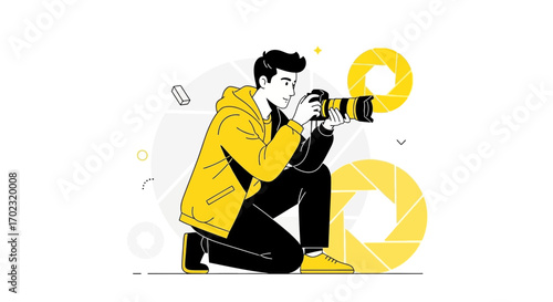 Photographer taking photo with camera, yellow illustration design, creative photography concept