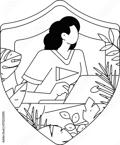 Stylized vector art of a woman working on a laptop surrounded by tropical plants in a shield frame, ideal for showcasing remote work, digital nomad lifestyle, or creative online business ventures