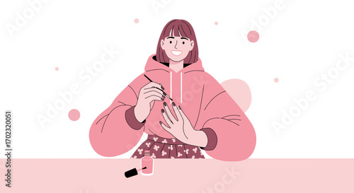 Smiling Woman Painting Her Nails While Enjoying A Relaxing Moment At Home