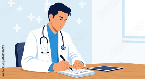 Physician Concentrated On Paperwork, Assessing Patient Information, Delivering Medical Solutions