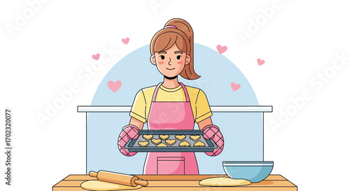 Smiling Woman Presenting Baked Heart Biscuits After Baking, Kitchen Concept Illustration