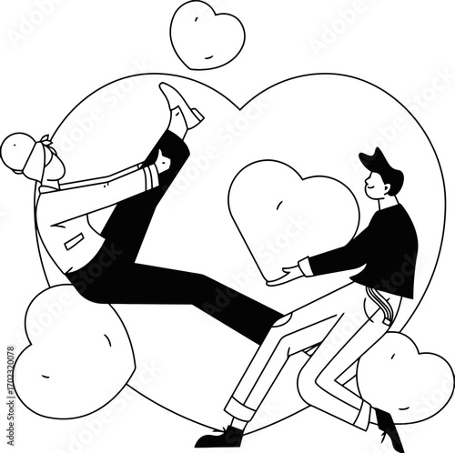 Whimsical romance with a couple playfully sharing hearts, a cute illustration perfect for Valentine's Day cards, love-themed designs, and expressing affectionate feelings in a modern style