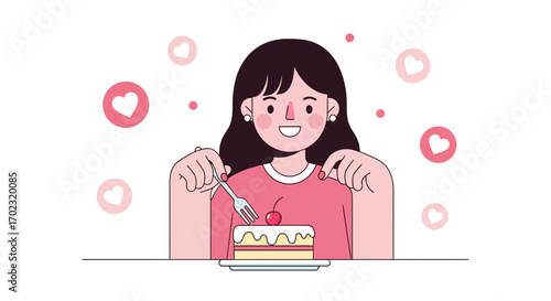 Smiling woman with a slice of cake, social media love and excitement concept