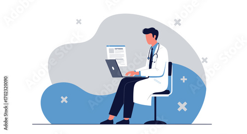 Physician Working With Digital Technology And Using a Computer With Healthcare Documents