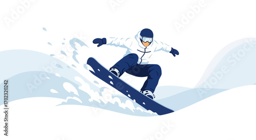 Snowboarder graphic illustration in action performing a jump on white background