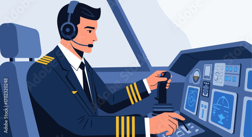 Pilot Operating Aircraft Controls Inside Cockpit during Flight for Safe Air Travel