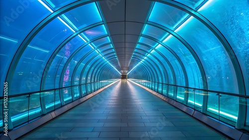 a futuristic tunnel with glowing blue lights and curved glass walls