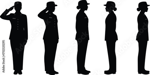 Silhouettes of female military officers in uniform standing and saluting, side and front views, discipline, honor, respect, teamwork concept