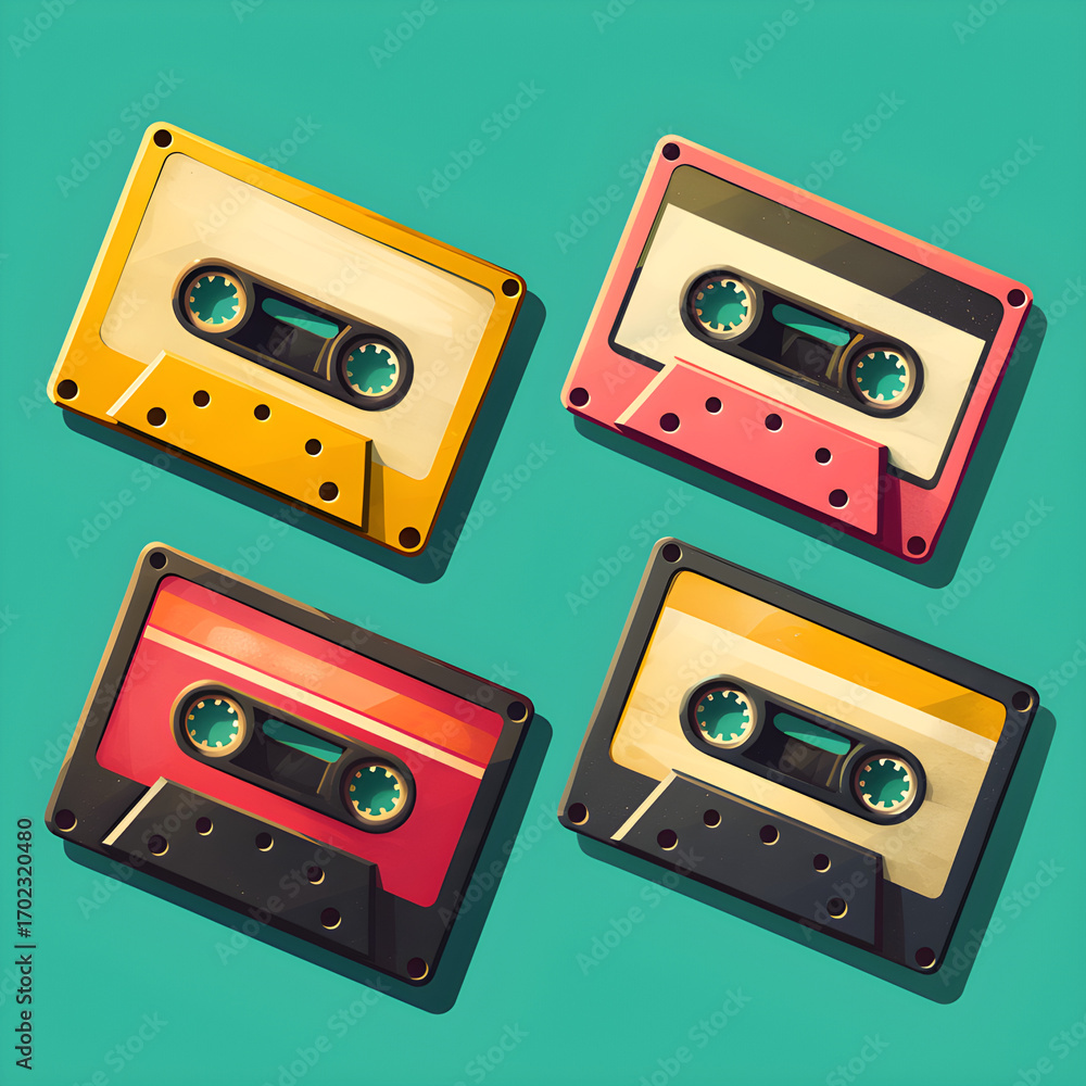 Obraz premium Vector illustration of four retro cassette tapes in a flat, pop-art style, audio cassette tape vector, retro audio cassette, set of retro audio tapes, audio cassette tape vector illustration