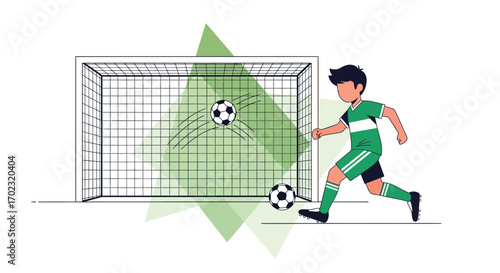 Soccer Player Kicks Ball Towards Goal In Action For A Goal, Sport Concept