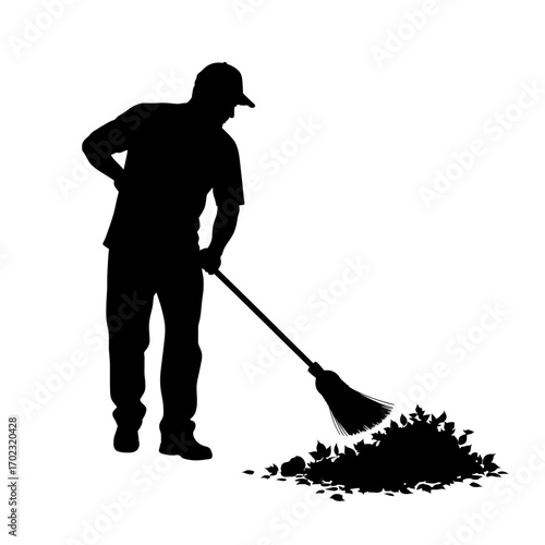 Man sweeping leaves into a pile silhouette isolated on white background
