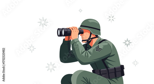 Soldier using binoculars on the white background searching with stars, a military illustration