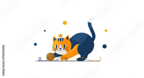 Playful Cat with a Crown Engaging with Yarn Ball Minimalist Style Fun Illustration