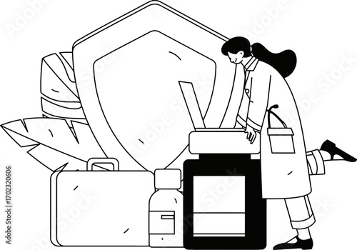 Medical professional working on laptop with suitcase and medicine bottles, symbolizing health insurance and protection, ideal for healthcare promotion and wellness campaigns