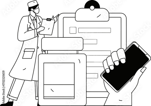 Modern doctor in lab coat analyzes medical data on smartphone, with patient clipboard and medicine bottle for innovative healthcare solutions and pharmaceutical advancements