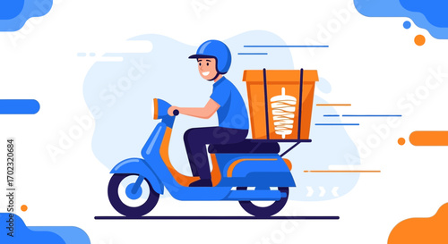 Speedy Food Delivery: A Courier on a Scooter Carrying a Culinary Meal