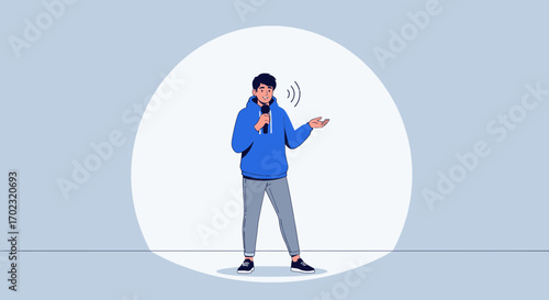 Speaker holding microphone, speech, presentation, person talking with background light