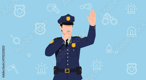 Policeman Directing Traffic And Action With Uniform, Whistle, Hand Up, Law Enforcement