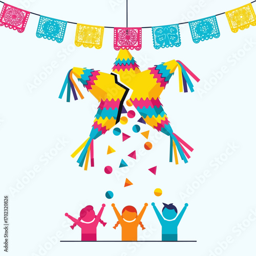 Joyful children catching candy from a broken star piñata at a fiesta