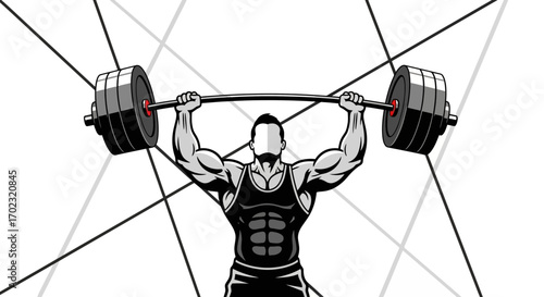 Strong Weightlifter Lifting Barbell, Black And White Illustration In Graphic Style