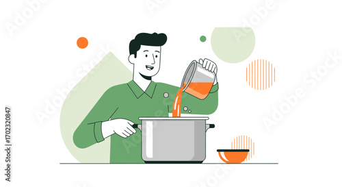 Preparing Culinary Creations: A Chef Pours Liquid Into A Pot Ready for Delicious Cooking