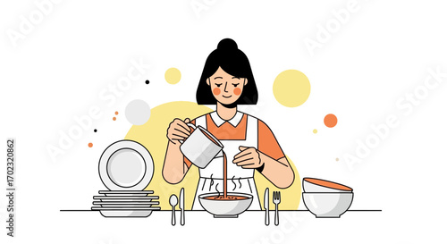 Preparing Delicious Meal: A Female Chef Adding Substance To A Bowl Of Food For Dinner